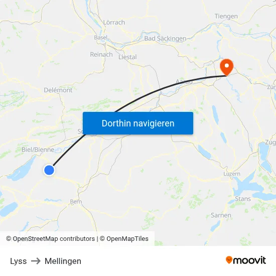 Lyss to Mellingen map