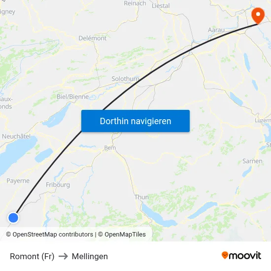 Romont (Fr) to Mellingen map