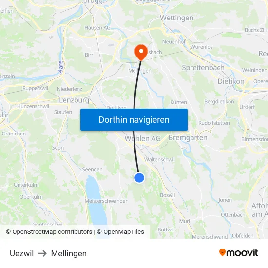 Uezwil to Mellingen map
