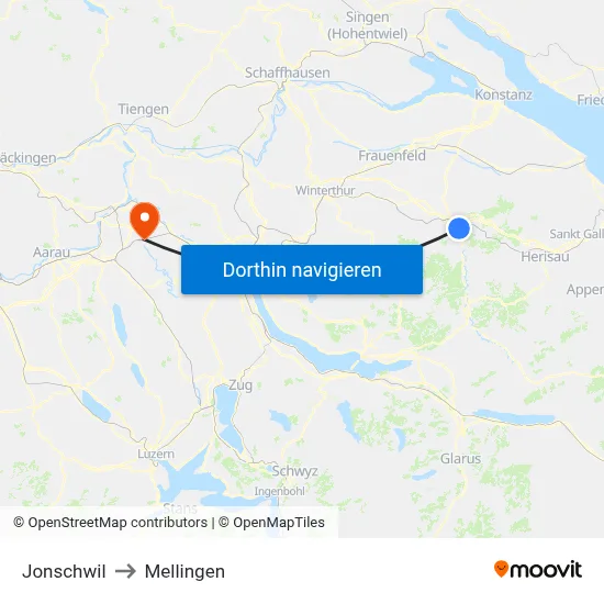 Jonschwil to Mellingen map