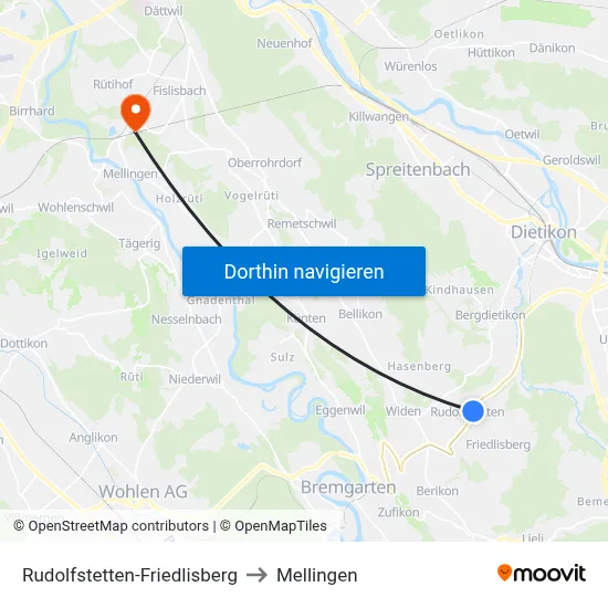 Rudolfstetten-Friedlisberg to Mellingen map