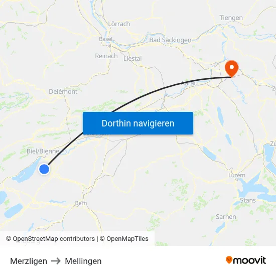 Merzligen to Mellingen map