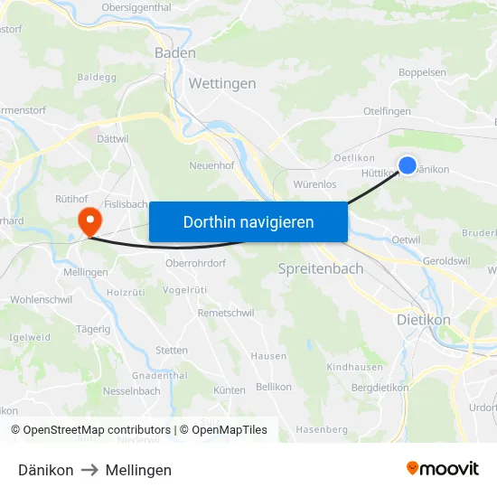 Dänikon to Mellingen map