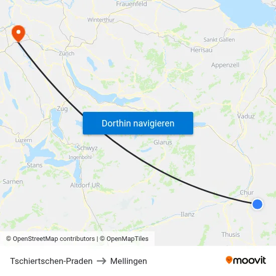 Tschiertschen-Praden to Mellingen map