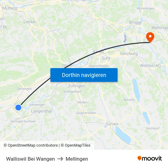 Walliswil Bei Wangen to Mellingen map