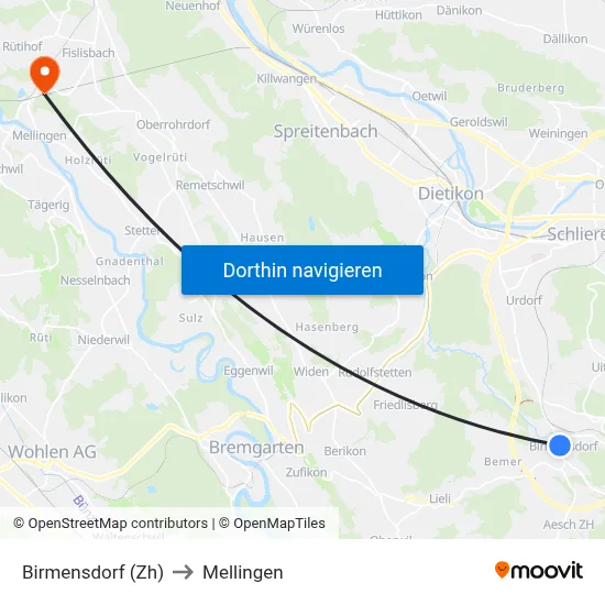 Birmensdorf (Zh) to Mellingen map