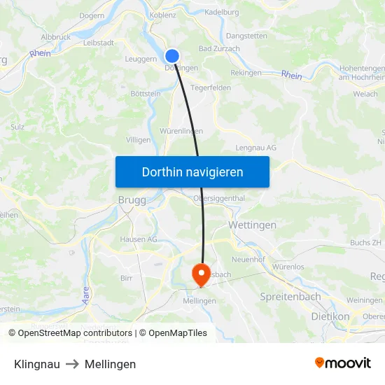 Klingnau to Mellingen map