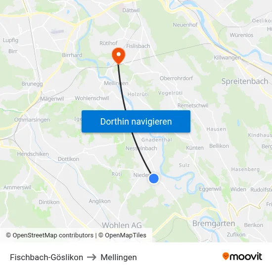 Fischbach-Göslikon to Mellingen map