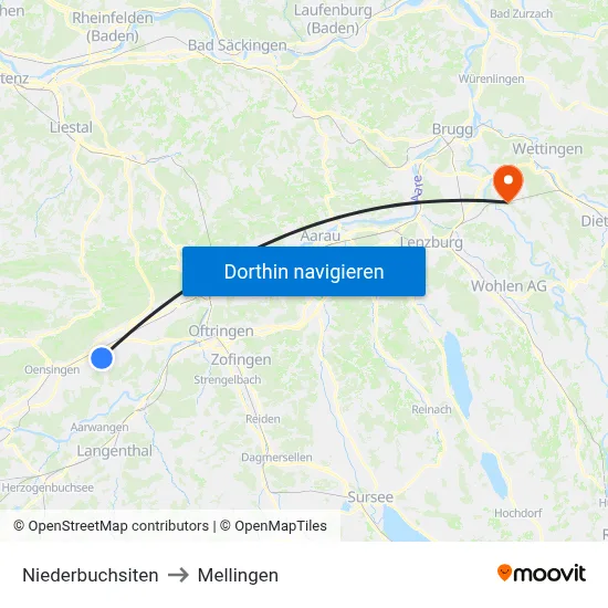 Niederbuchsiten to Mellingen map