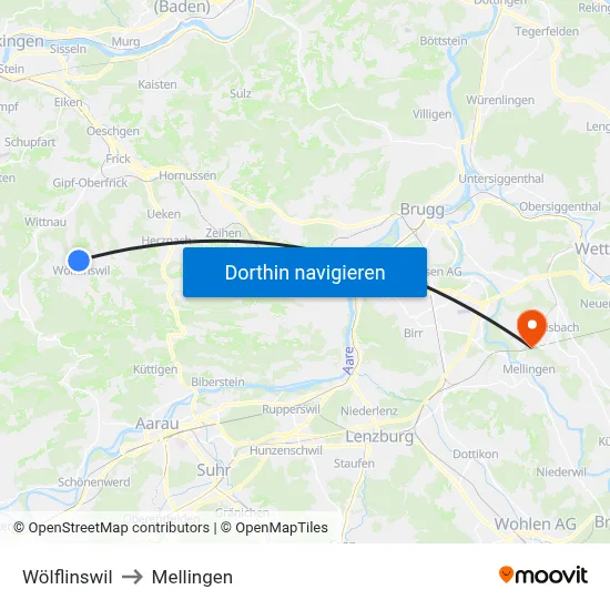 Wölflinswil to Mellingen map