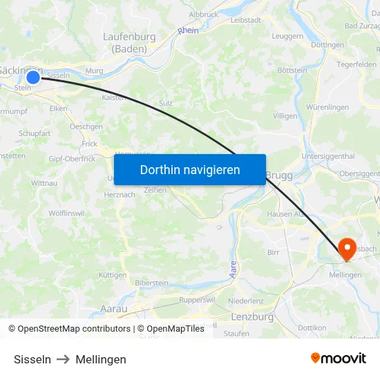 Sisseln to Mellingen map