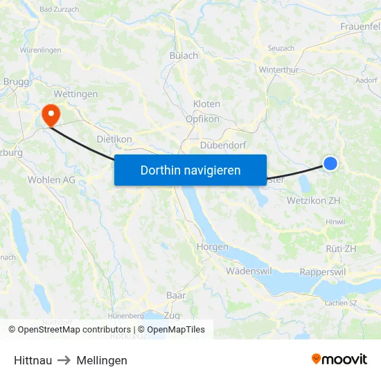 Hittnau to Mellingen map
