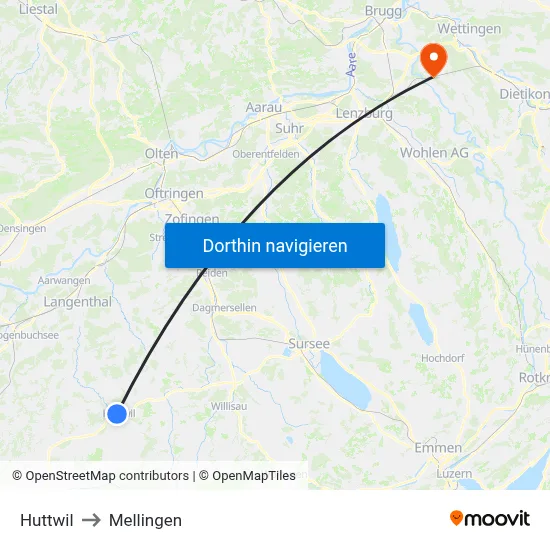 Huttwil to Mellingen map