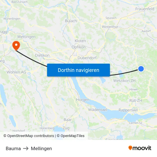 Bauma to Mellingen map