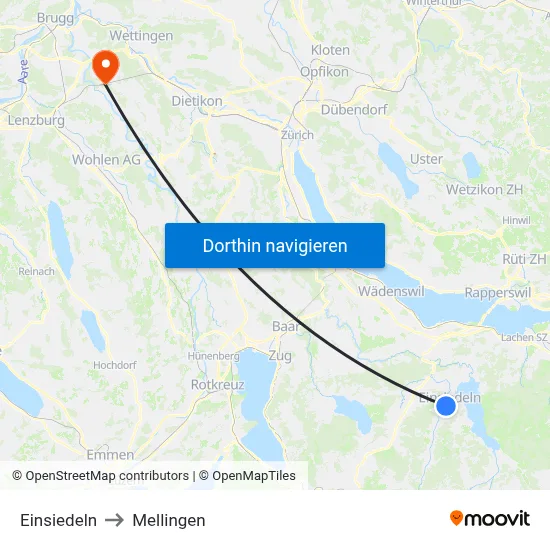 Einsiedeln to Mellingen map