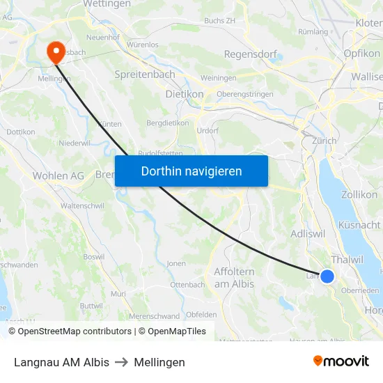Langnau AM Albis to Mellingen map
