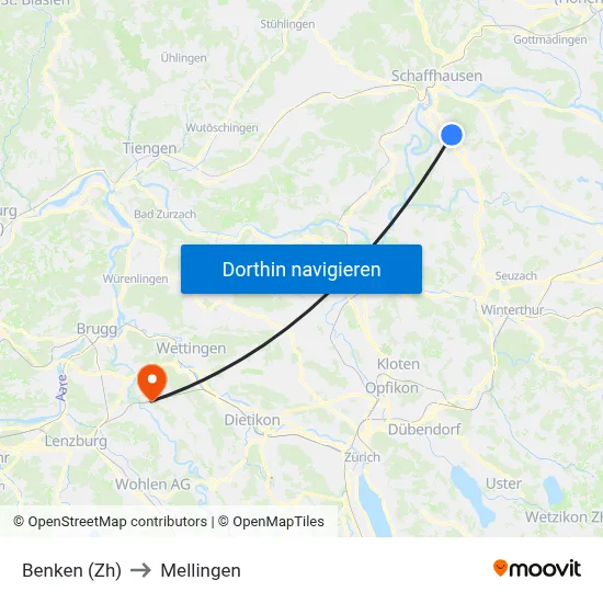 Benken (Zh) to Mellingen map