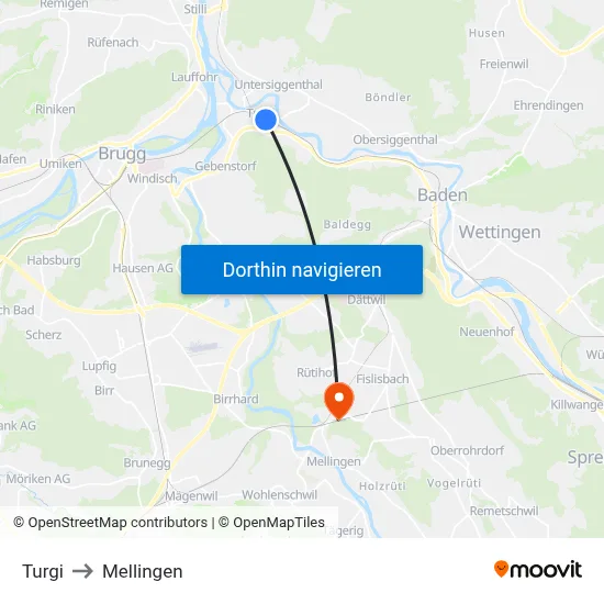 Turgi to Mellingen map