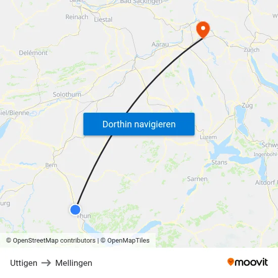 Uttigen to Mellingen map