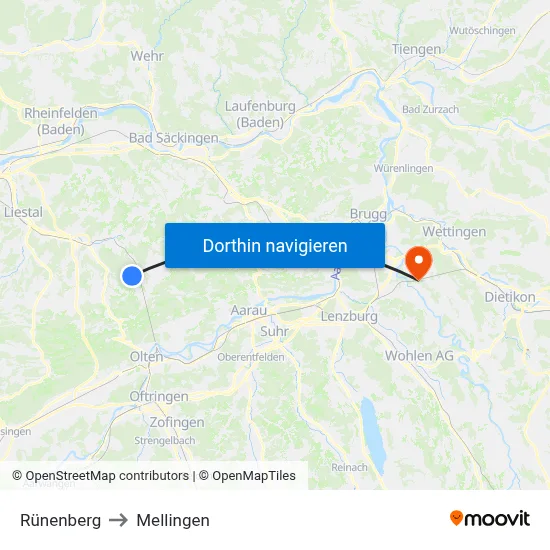 Rünenberg to Mellingen map
