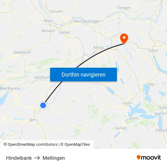 Hindelbank to Mellingen map
