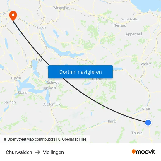 Churwalden to Mellingen map