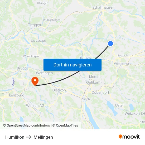 Humlikon to Mellingen map