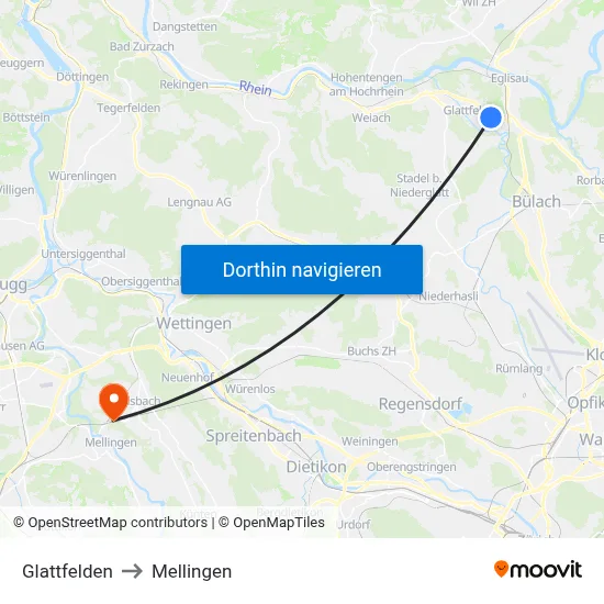 Glattfelden to Mellingen map