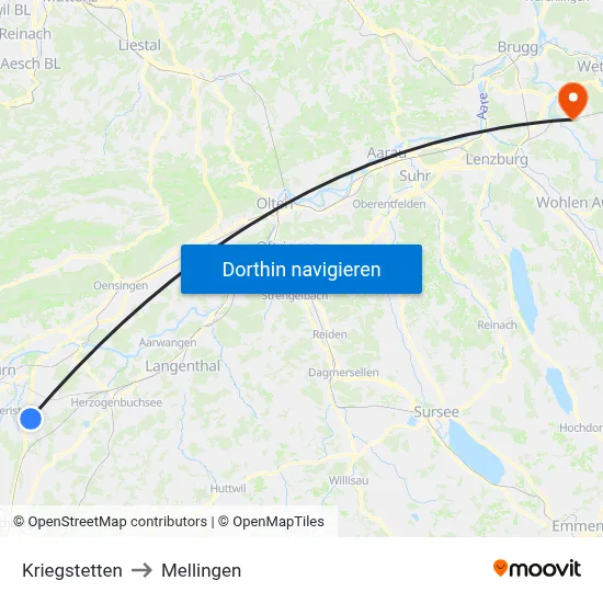 Kriegstetten to Mellingen map