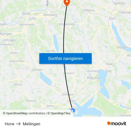 Horw to Mellingen map