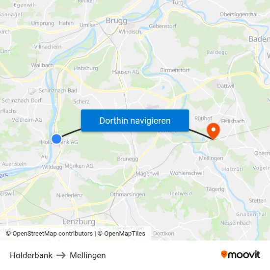 Holderbank to Mellingen map