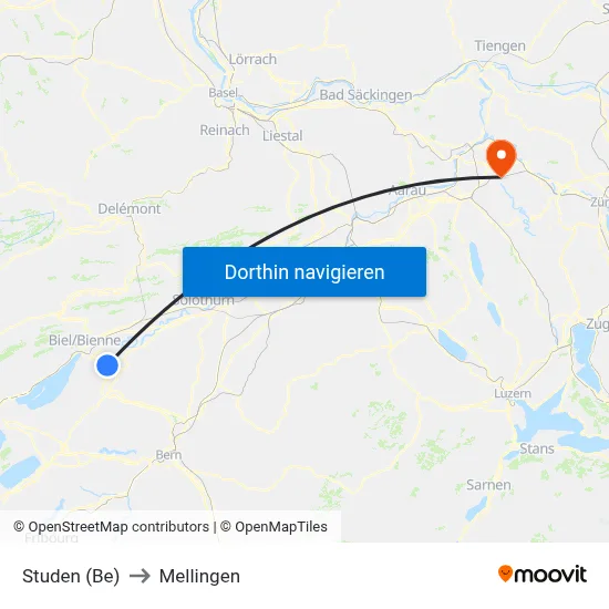 Studen (Be) to Mellingen map