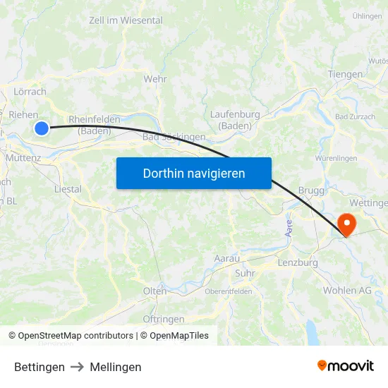 Bettingen to Mellingen map