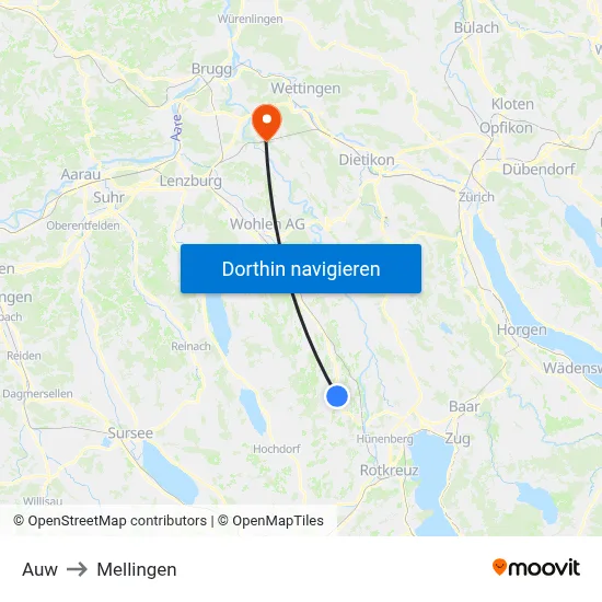Auw to Mellingen map