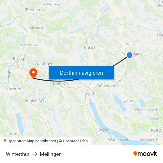 Winterthur to Mellingen map
