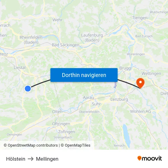 Hölstein to Mellingen map