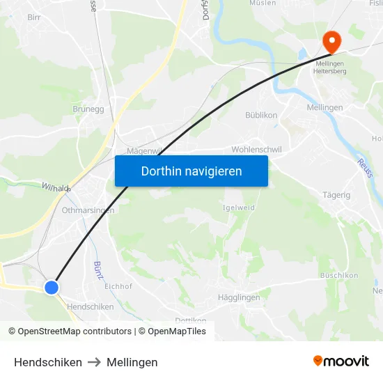 Hendschiken to Mellingen map
