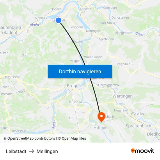 Leibstadt to Mellingen map