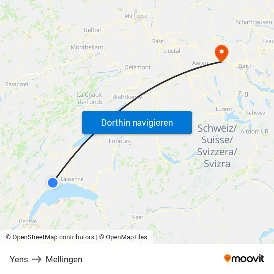 Yens to Mellingen map