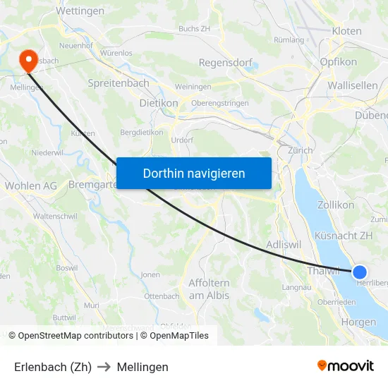 Erlenbach (Zh) to Mellingen map