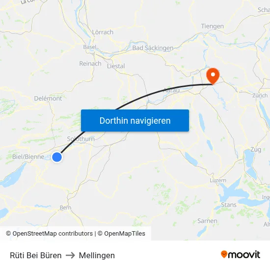 Rüti Bei Büren to Mellingen map
