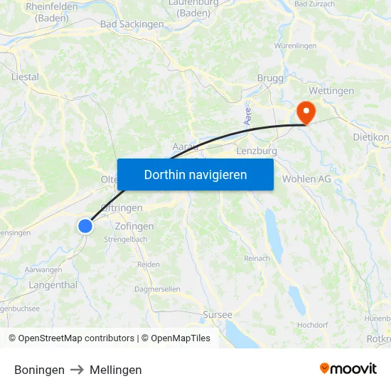 Boningen to Mellingen map