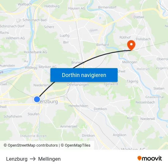 Lenzburg to Mellingen map