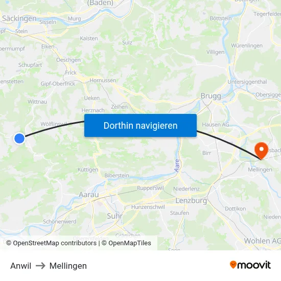 Anwil to Mellingen map
