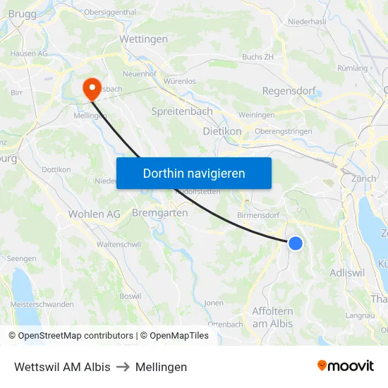 Wettswil AM Albis to Mellingen map