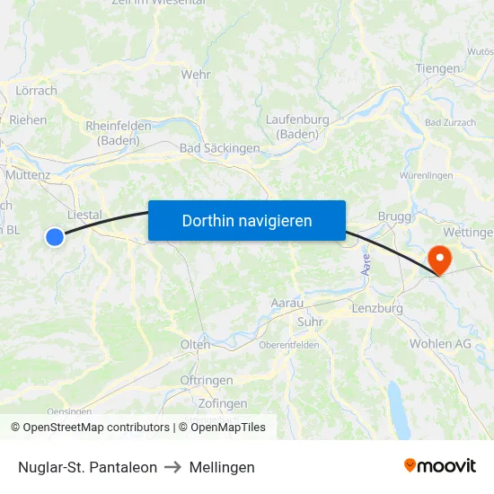 Nuglar-St. Pantaleon to Mellingen map