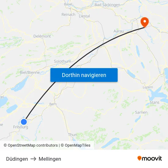 Düdingen to Mellingen map