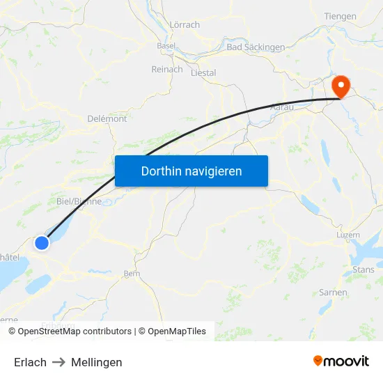 Erlach to Mellingen map