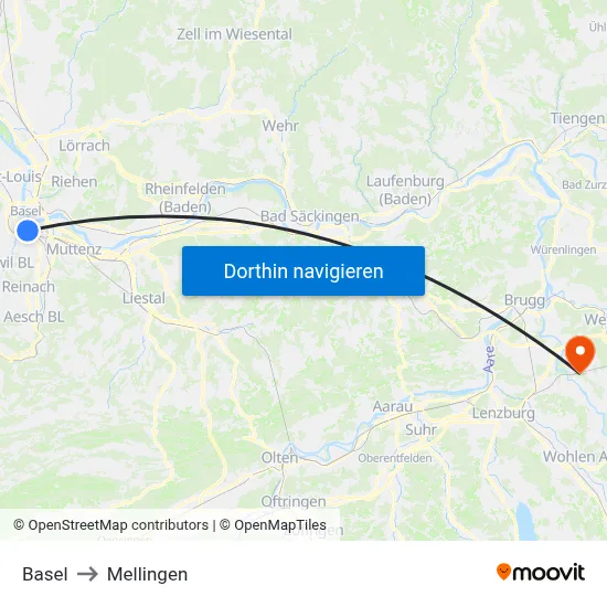 Basel to Mellingen map