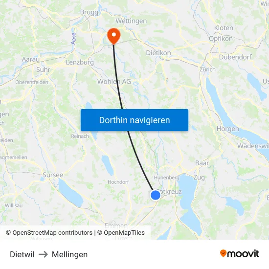 Dietwil to Mellingen map